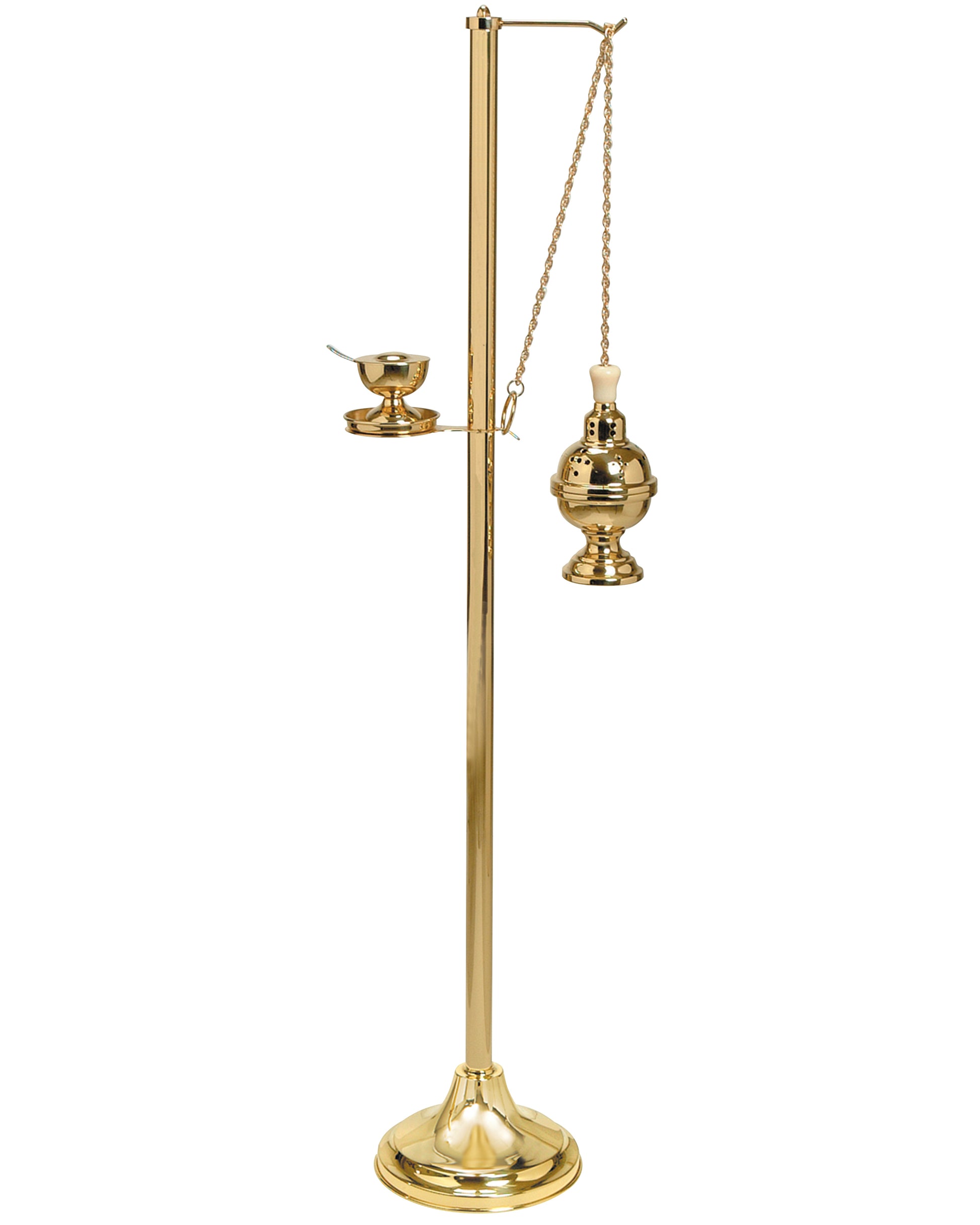 Brass oil lamp with a chain on a white background