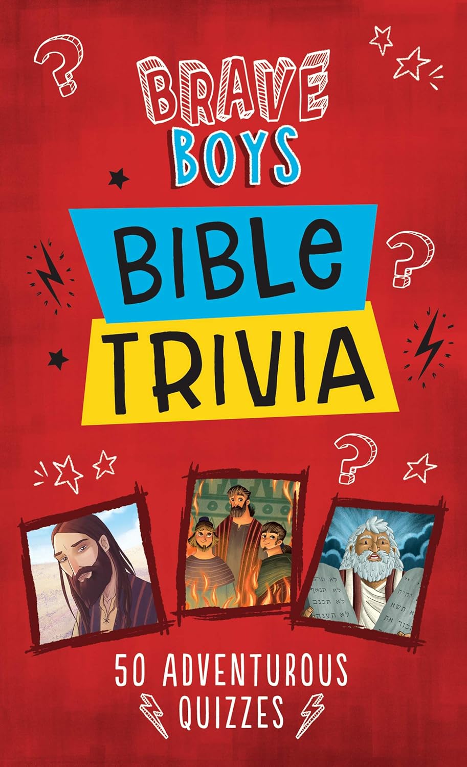 Book cover of 'Brave Boys Bible Trivia' with colorful text and illustrations on a red background.