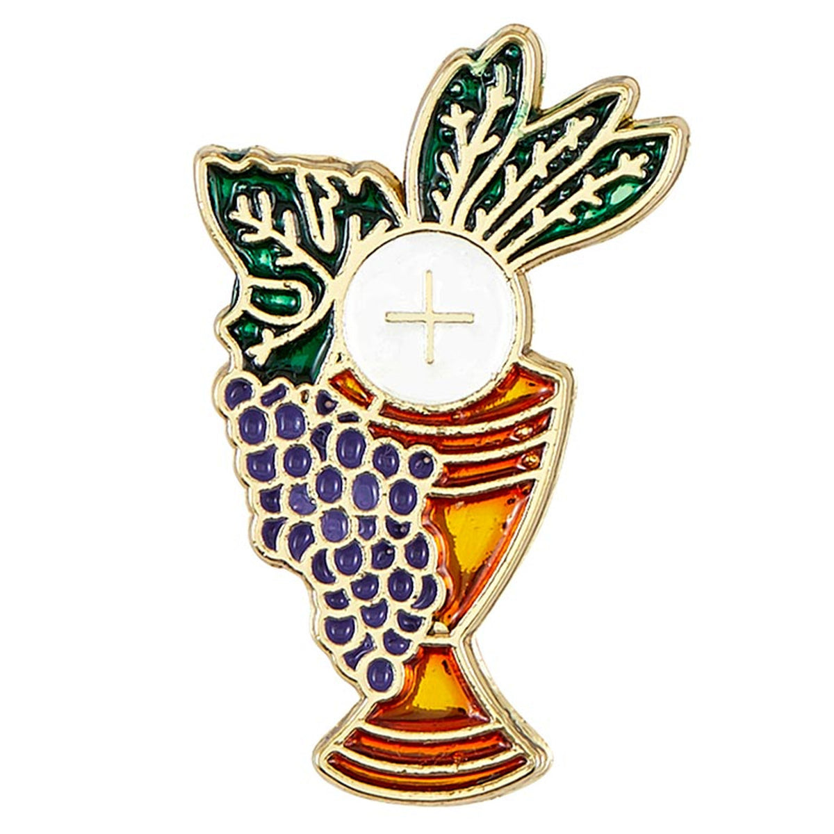 Pin with a chalice, grapes, and cross on a white background
