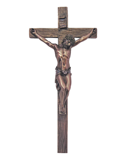 Bronze crucifix on a wooden cross with 'REDEMPTOR' branding.
