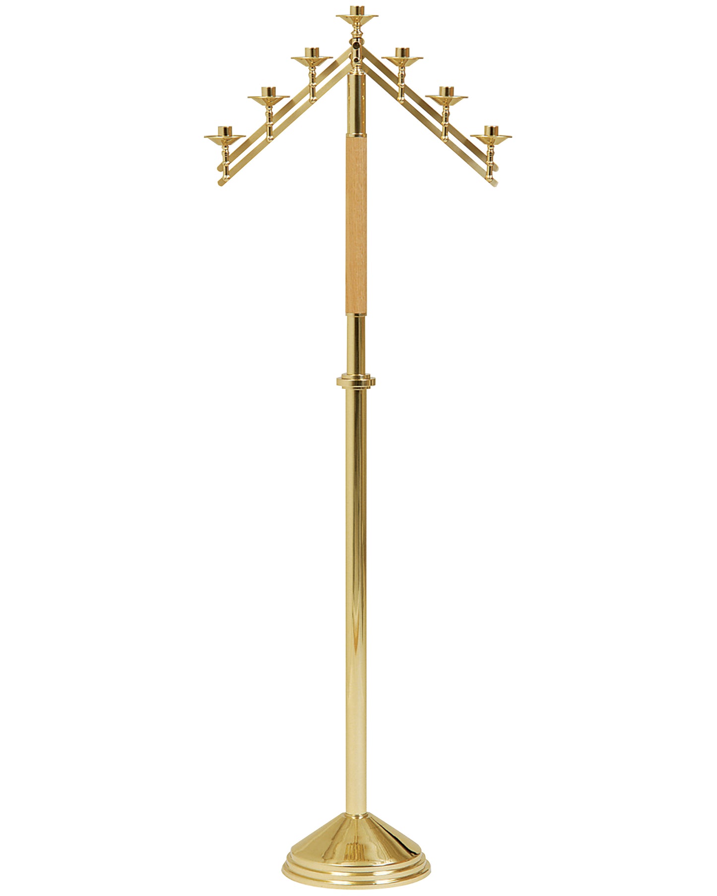 Gold candle stand with multiple arms on a white background