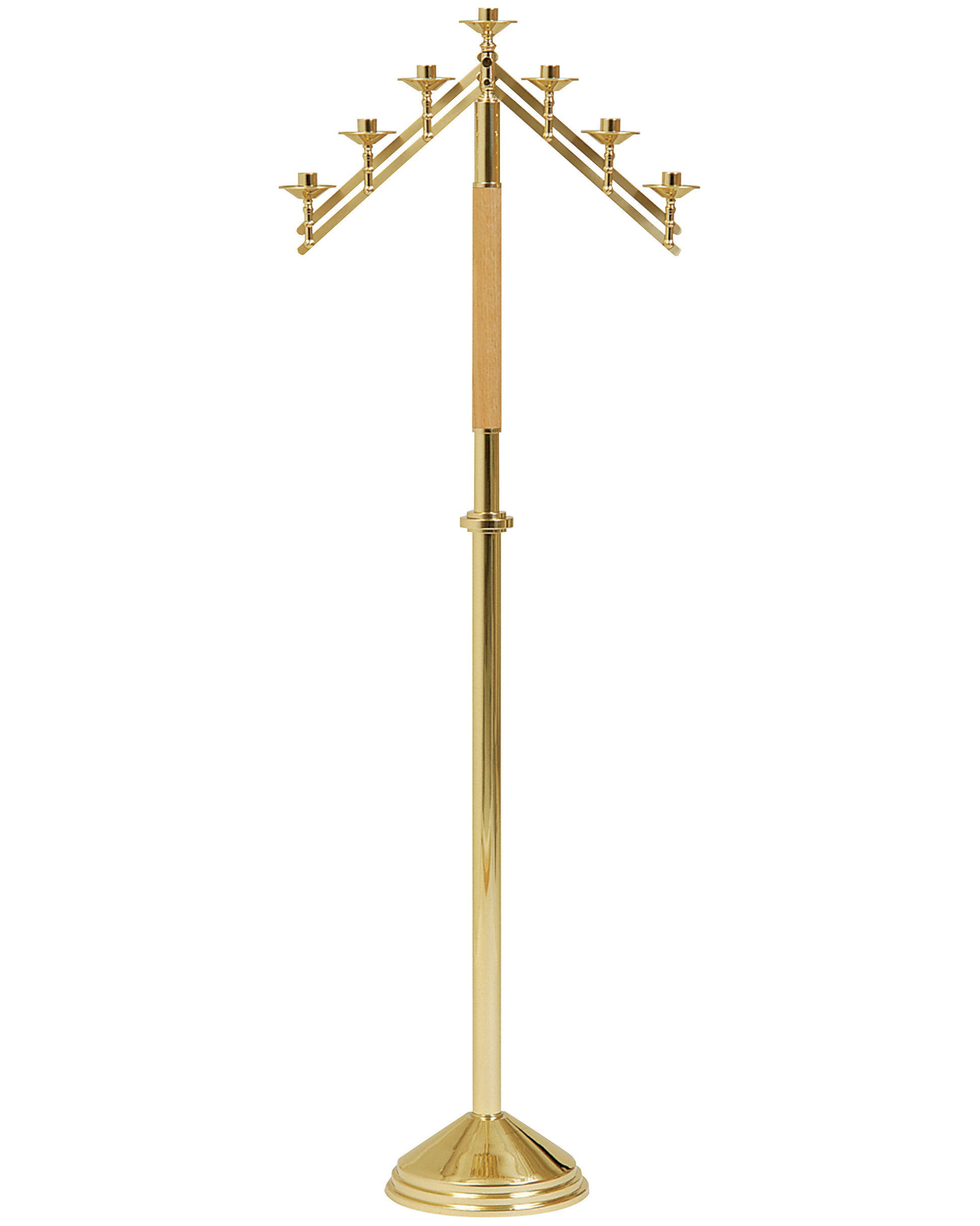 Gold candle stand with multiple arms on a white background