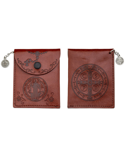 Two brown leather pouches with embossed designs on a white background