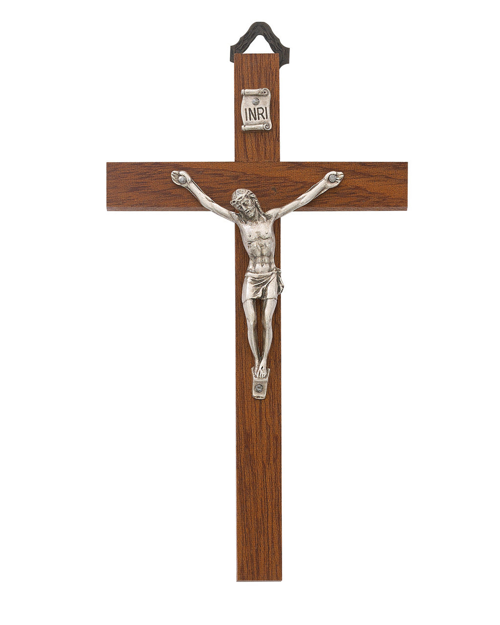 Wooden cross with silver Jesus figure on a white background