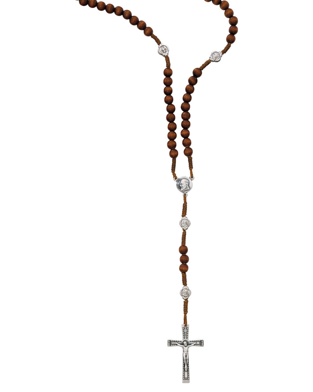 Wooden rosary with silver cross on a white background