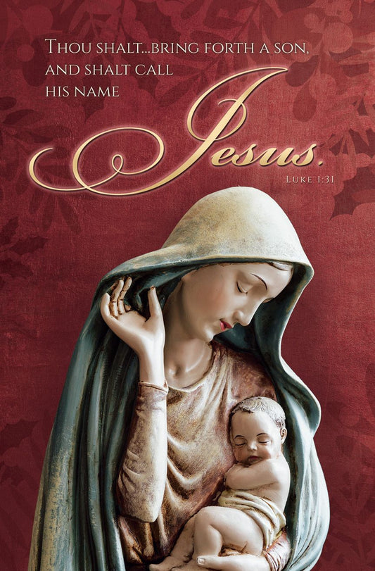 Statue of a woman holding a baby with text on a red background