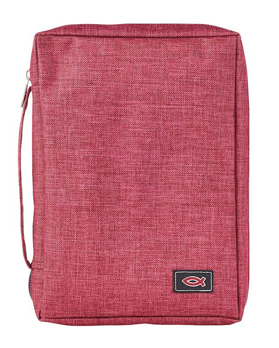 Red fabric bag with a fish logo on a white background