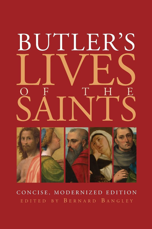 Book cover of 'Butler's Lives of the Saints' with red background and images of saints.