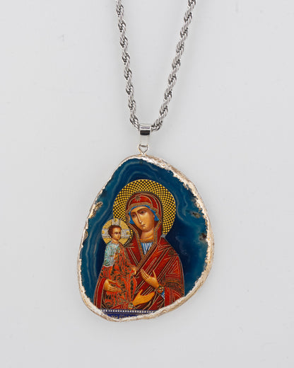 Collier pendentif Agate Byzantine Icône Mère de Dieu