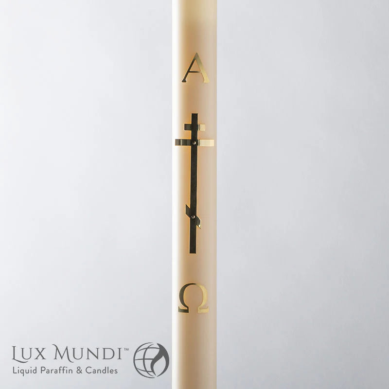 Two gold candles with symbols on a light gray background, featuring the Lux Mundi brand.