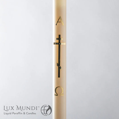 Two gold candles with symbols on a light gray background, featuring the Lux Mundi brand.