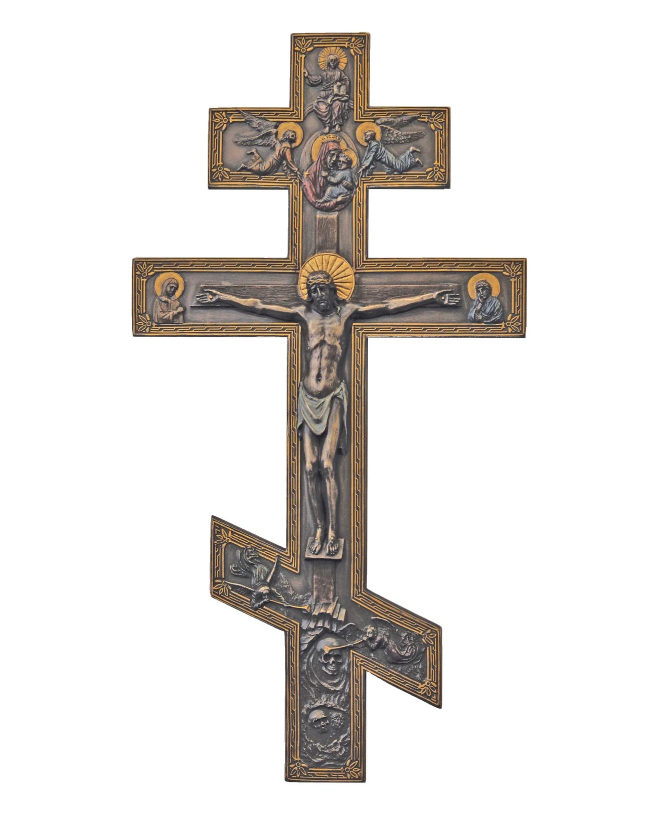 Decorative cross with religious iconography on a white background