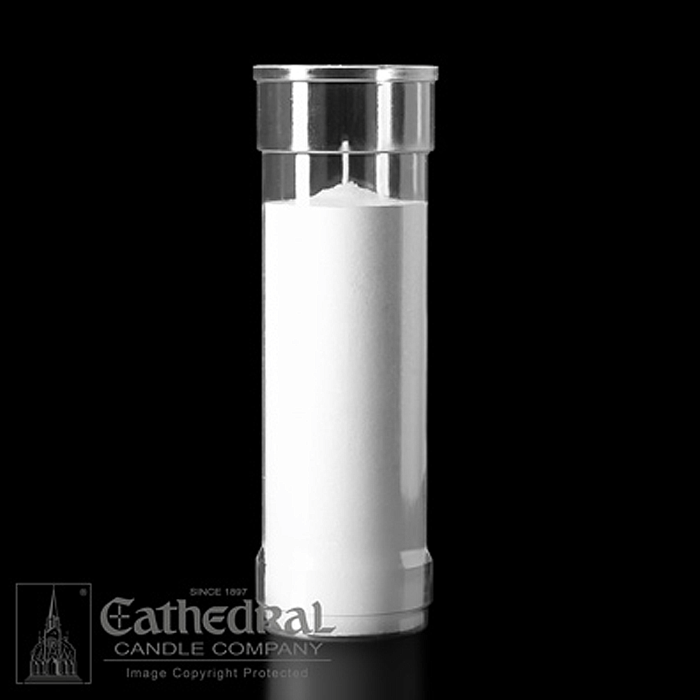 White candle in a clear glass container with 'Cathedral Candle Company' branding.