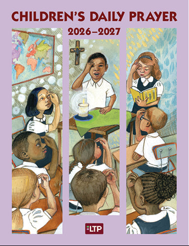 Children's Daily Prayer calendar cover with illustrations of children in a classroom setting on a purple background.