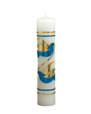 Decorative candle with blue and gold designs on a white background