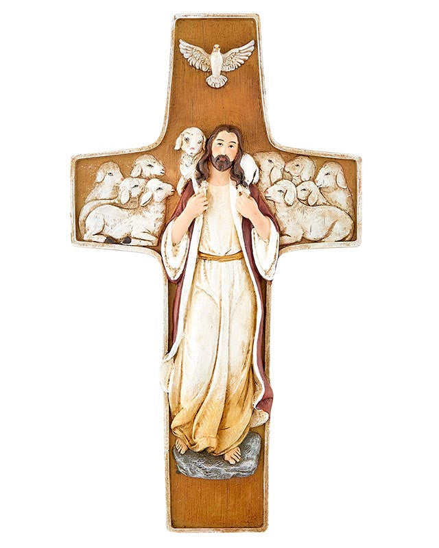 Decorative cross with a figure of a religious figure, possibly Jesus, surrounded by animals on a white background.