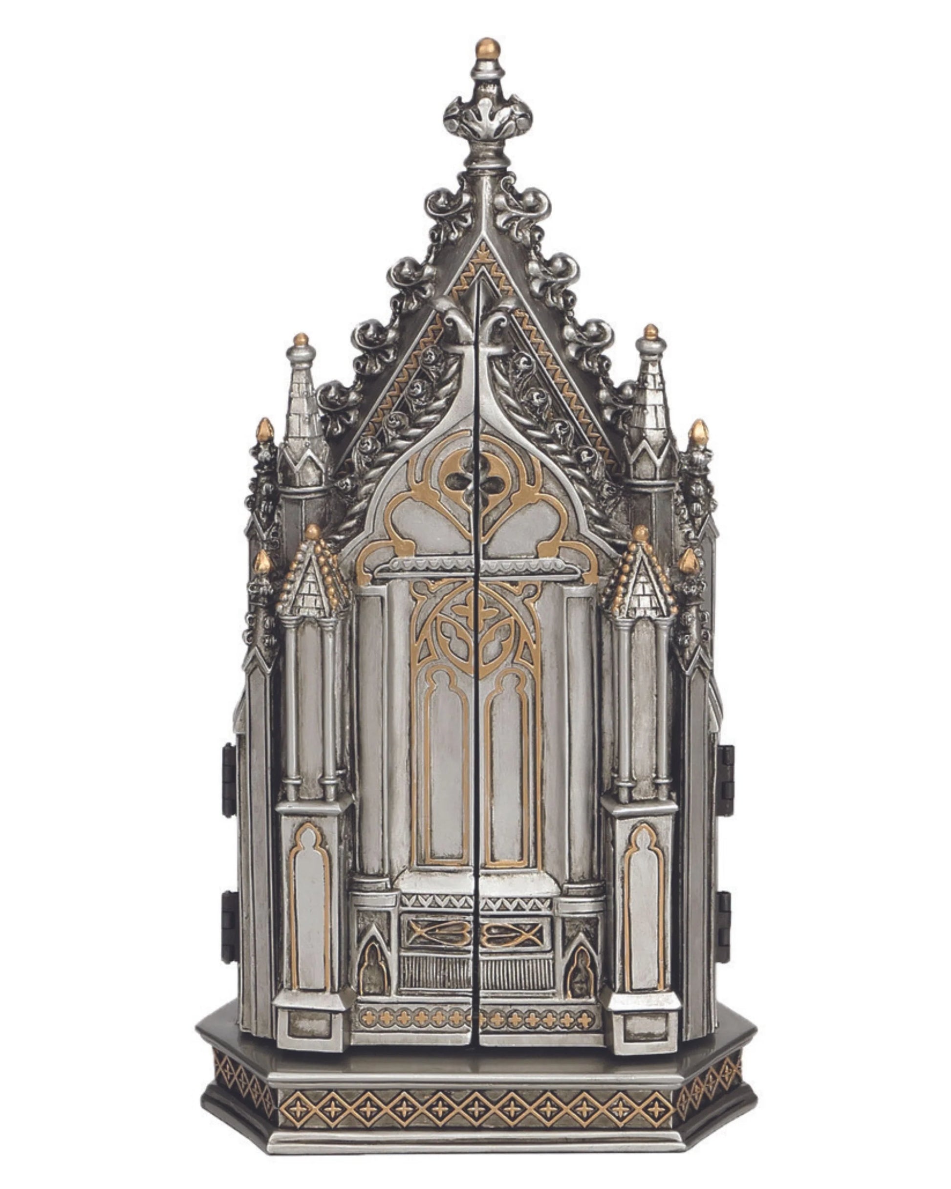 Gothic-style decorative cabinet with intricate details on a white background
