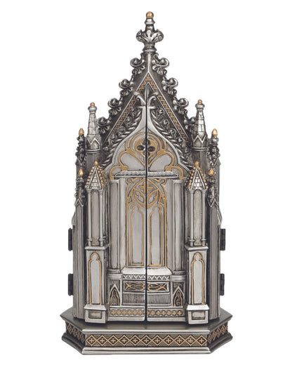 Gothic-style decorative cabinet with intricate details on a white background