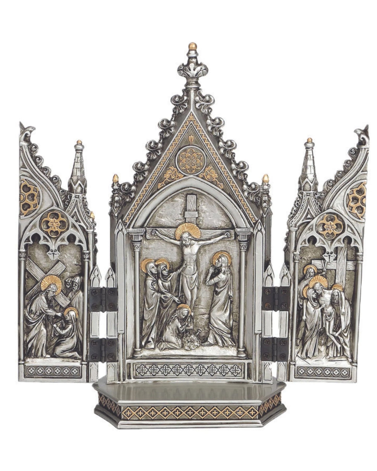 Decorative religious altarpiece with gothic design on a white background