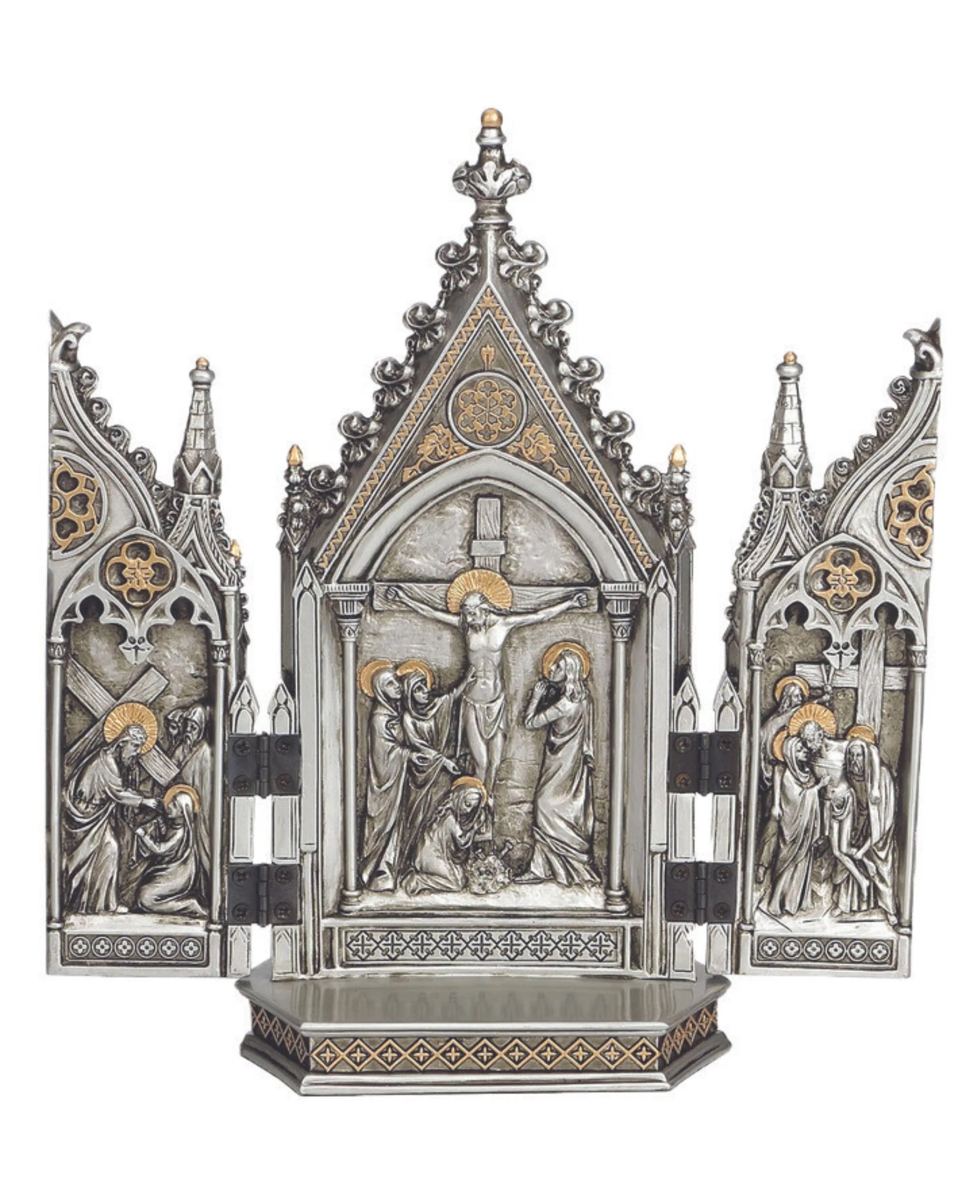 Decorative religious altarpiece with gothic design on a white background