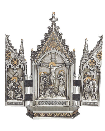 Decorative religious altarpiece with gothic design on a white background