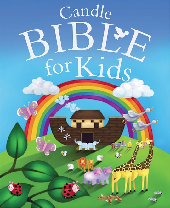 Cover of 'Candle Bible for Kids' with Noah's Ark, rainbow, and animals on a blue background