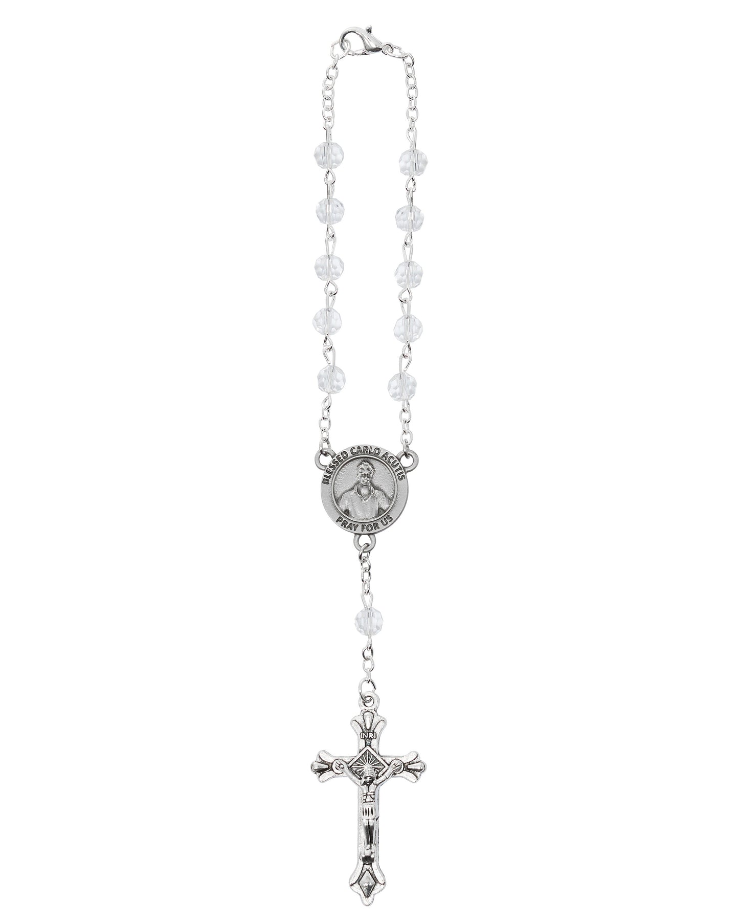Silver rosary with beads on a white background