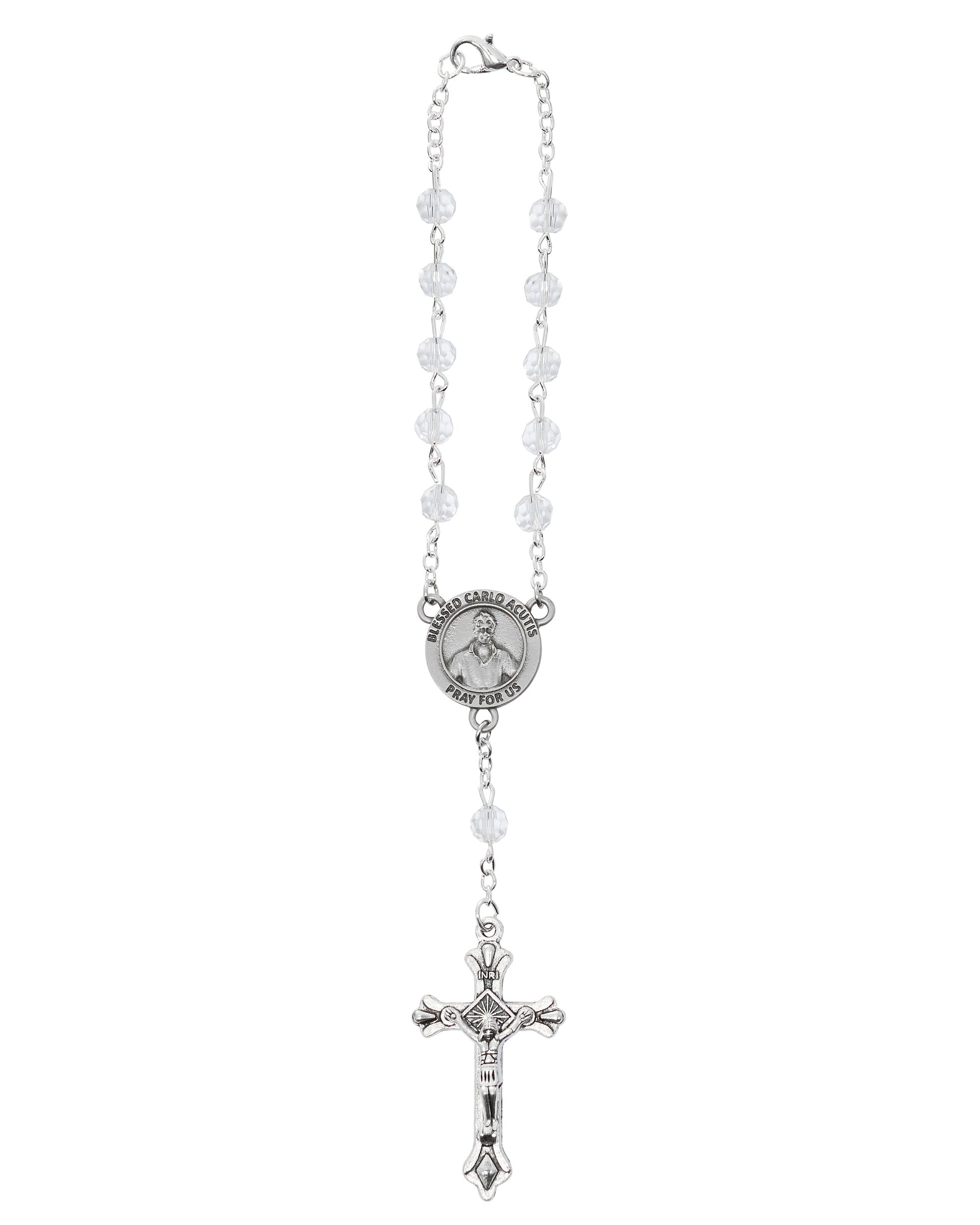 Silver rosary with beads on a white background