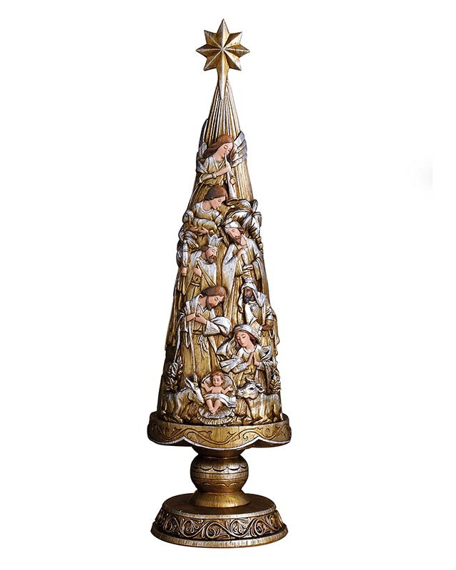 A resin stone mix carved look nativity tree with detailed figures, embellished with antiqued silver and gold.