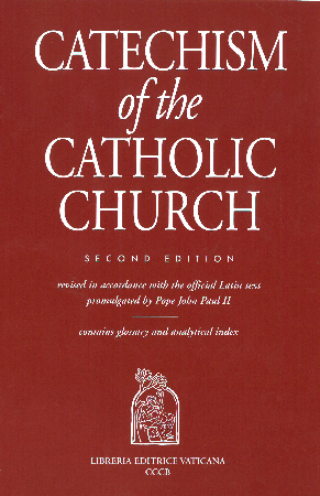 Cover of the Catechism of the Catholic Church with red background and white text