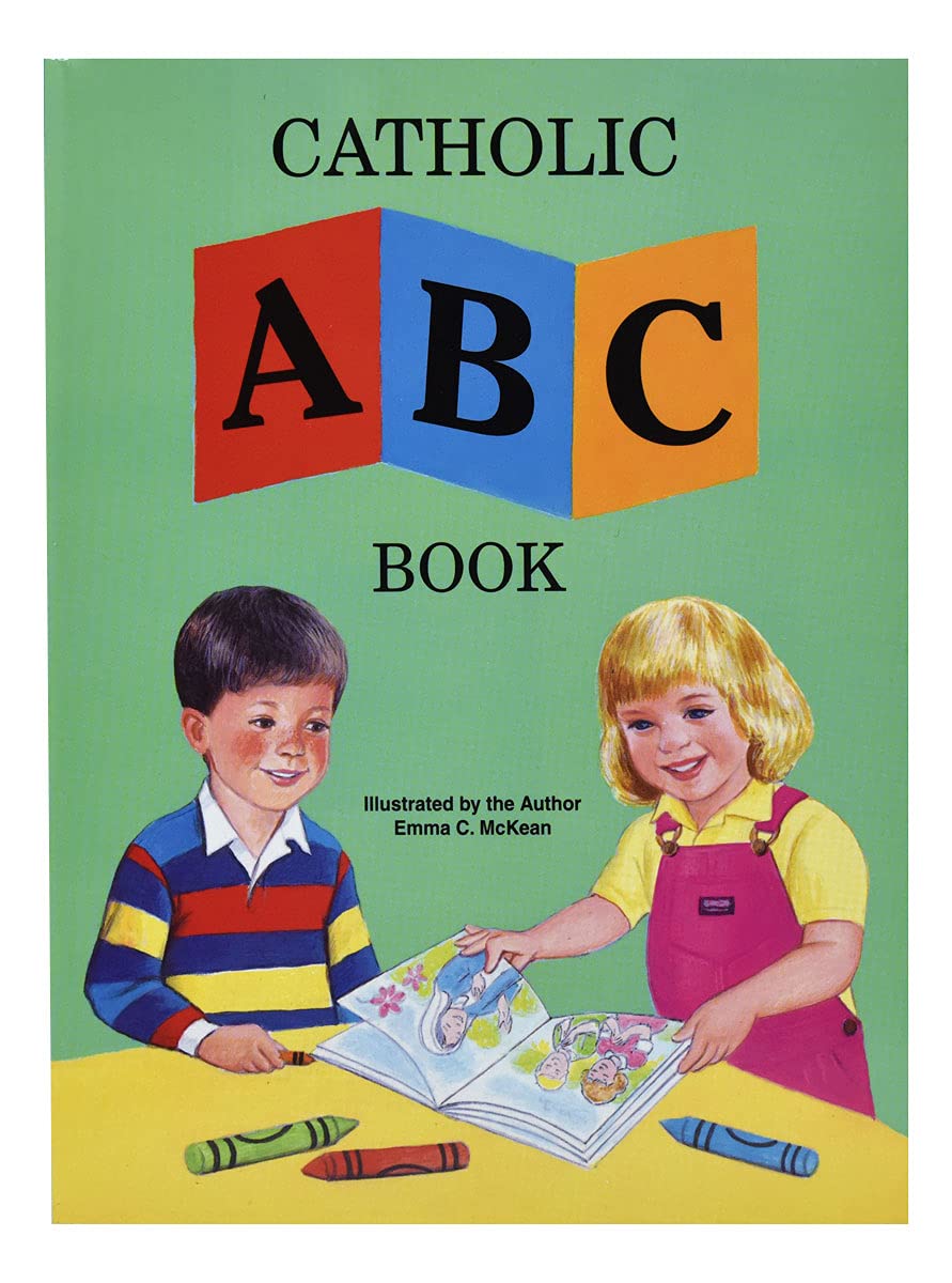 Book cover of 'Catholic ABC Book' with two children holding a book on a green background.