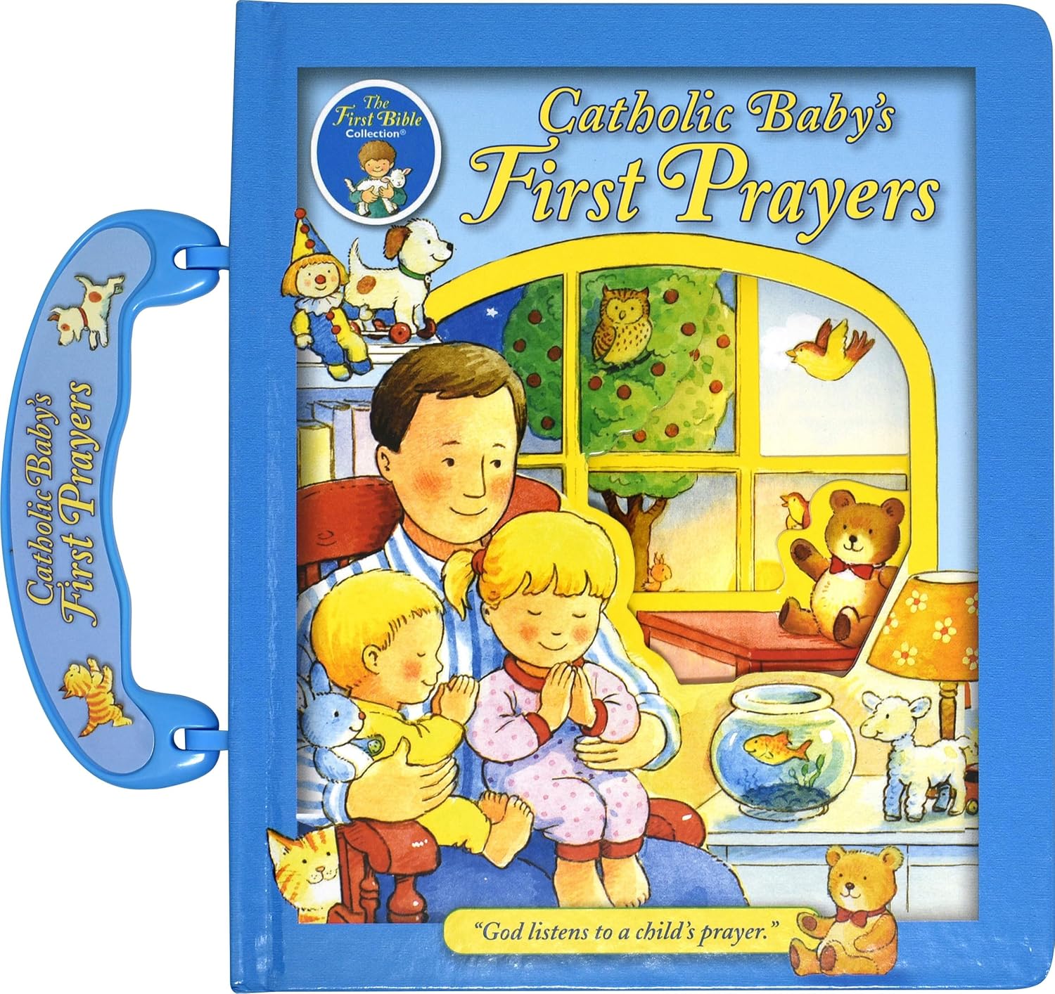 Book titled 'Catholic Baby's First Prayers' with illustrations of a father and children praying.