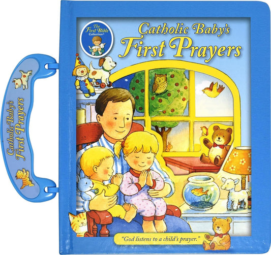 Book titled 'Catholic Baby's First Prayers' with illustrations of a father and children praying.