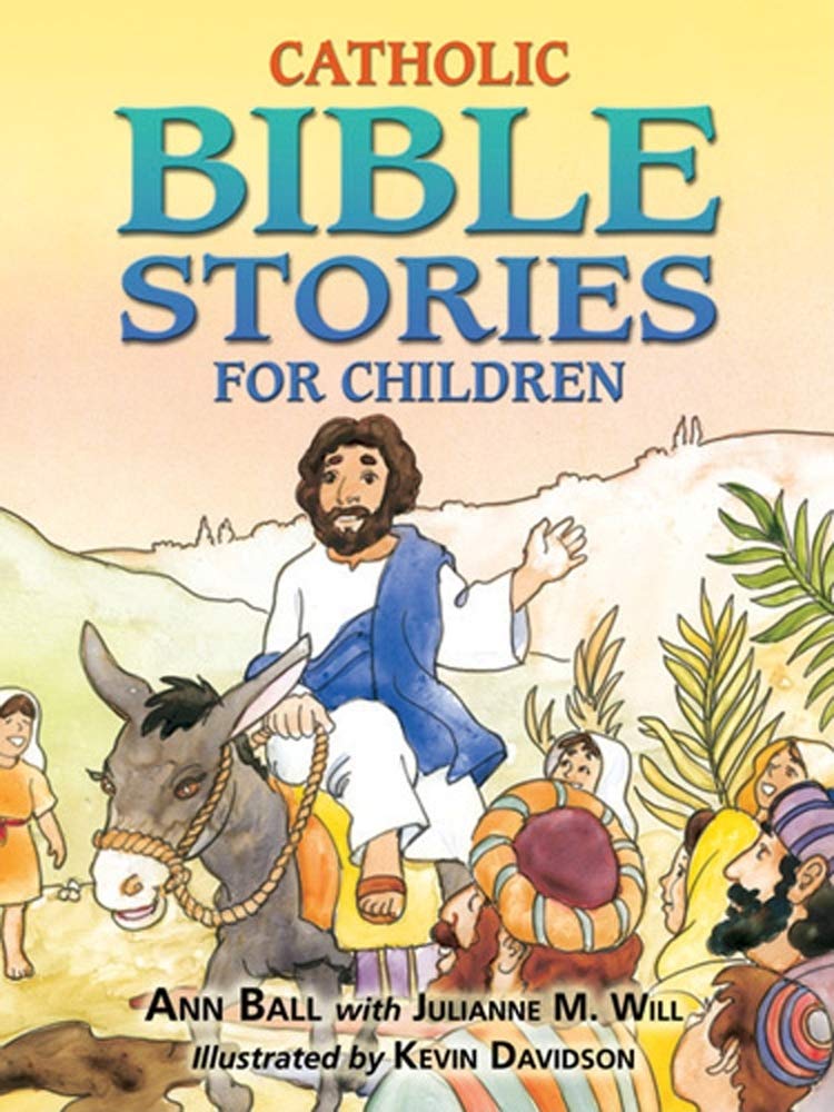 Book cover of 'Catholic Bible Stories for Children' with illustrations of Jesus and disciples.