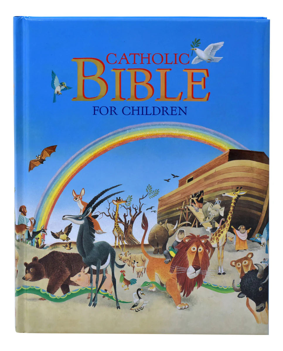 Children's Bible with colorful illustration of Noah's Ark, rainbow, and animals on a blue background