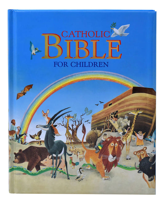 Children's Bible with colorful illustration of Noah's Ark, rainbow, and animals on a blue background