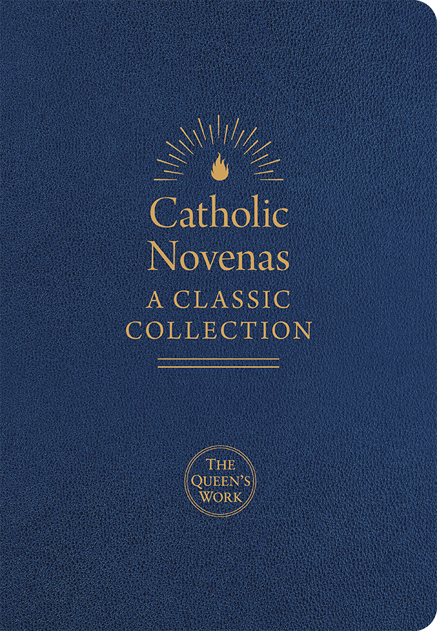Blue book cover with 'Catholic Novenas A Classic Collection' text and 'The Queen's Work' logo.