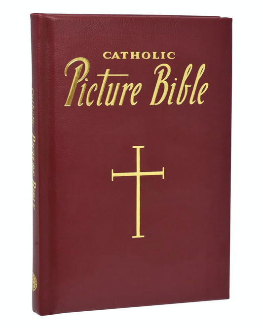 Maroon Bible with gold text and cross on a white background