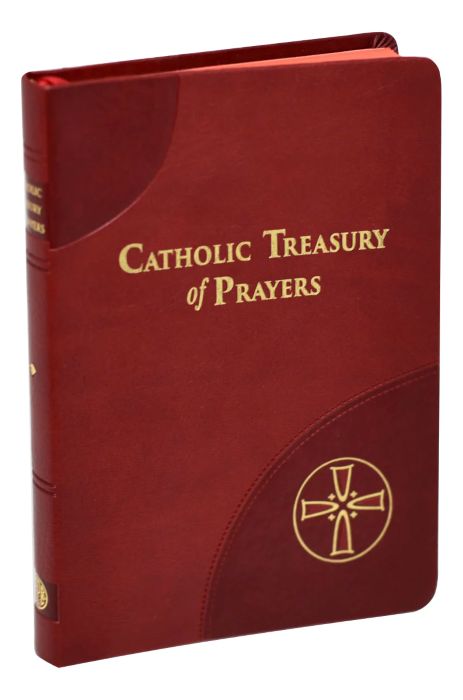 Red book titled 'Catholic Treasury of Prayers' with a gold cross emblem on a white background