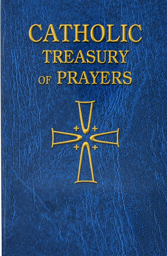 Blue book cover with gold text and cross, titled 'Catholic Treasury of Prayers'.