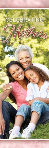Three generations of women sitting together with text 'Celebrating Mothers' on a pink background