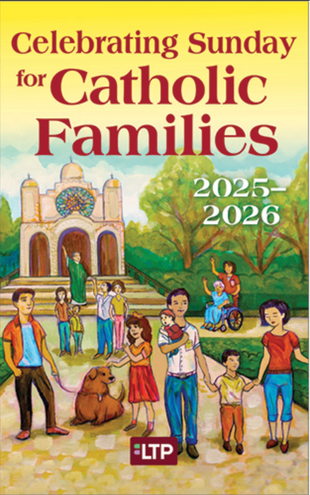 Cover of 'Celebrating Sunday for Catholic Families' calendar with a family and church illustration.