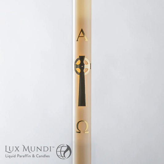 Gold candle with decorative symbols on a white background, featuring the Lux Mundi brand.