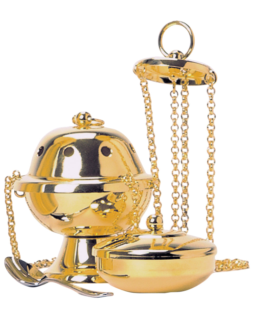 Gold-colored tea infuser with chains on a white background