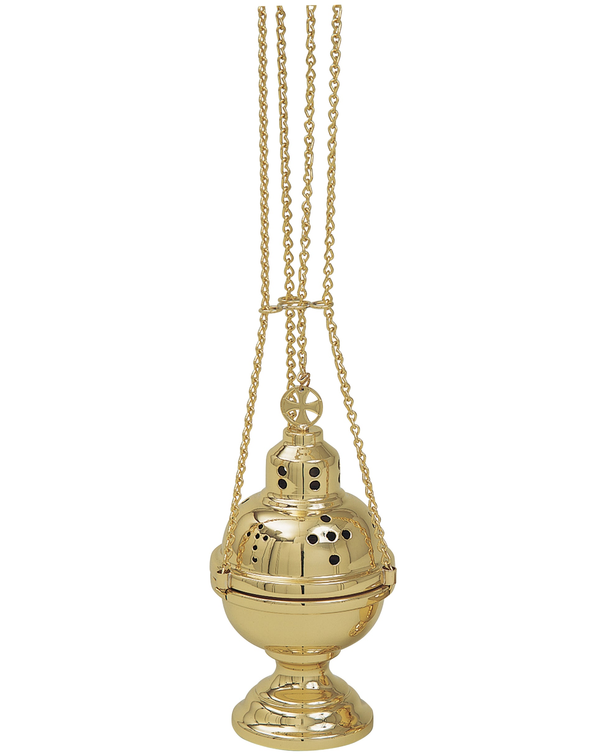 Gold-colored incense burner with chains on a white background