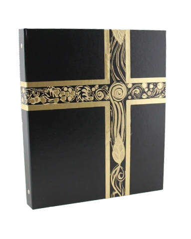Black book with gold decorative cross on a white background
