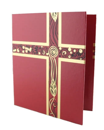 Red folder with gold decorative cross on a white background