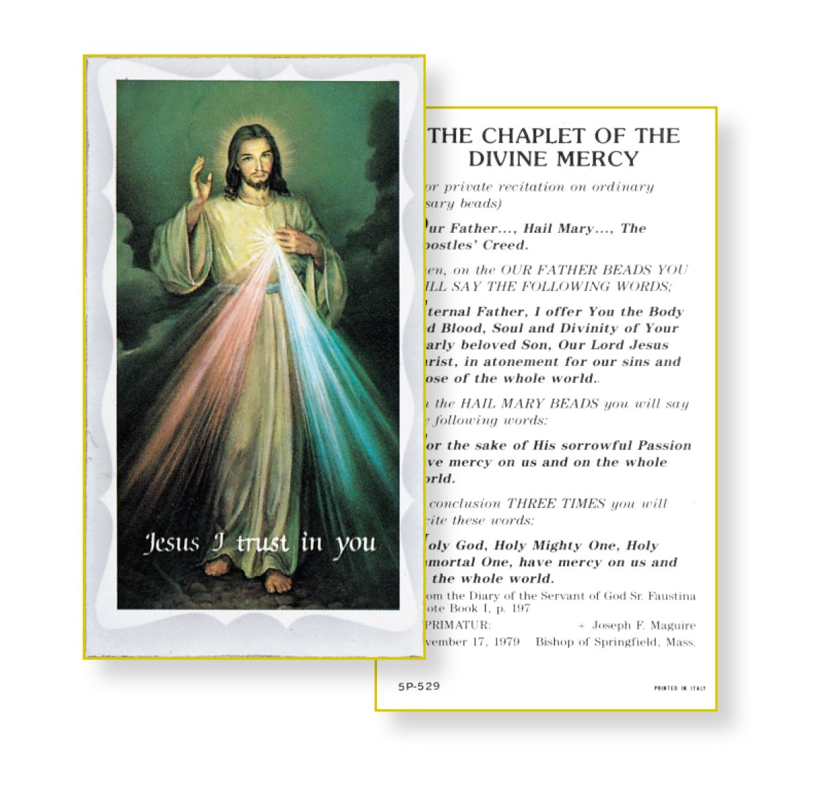 Devotional item with image of a religious figure and text on a white background