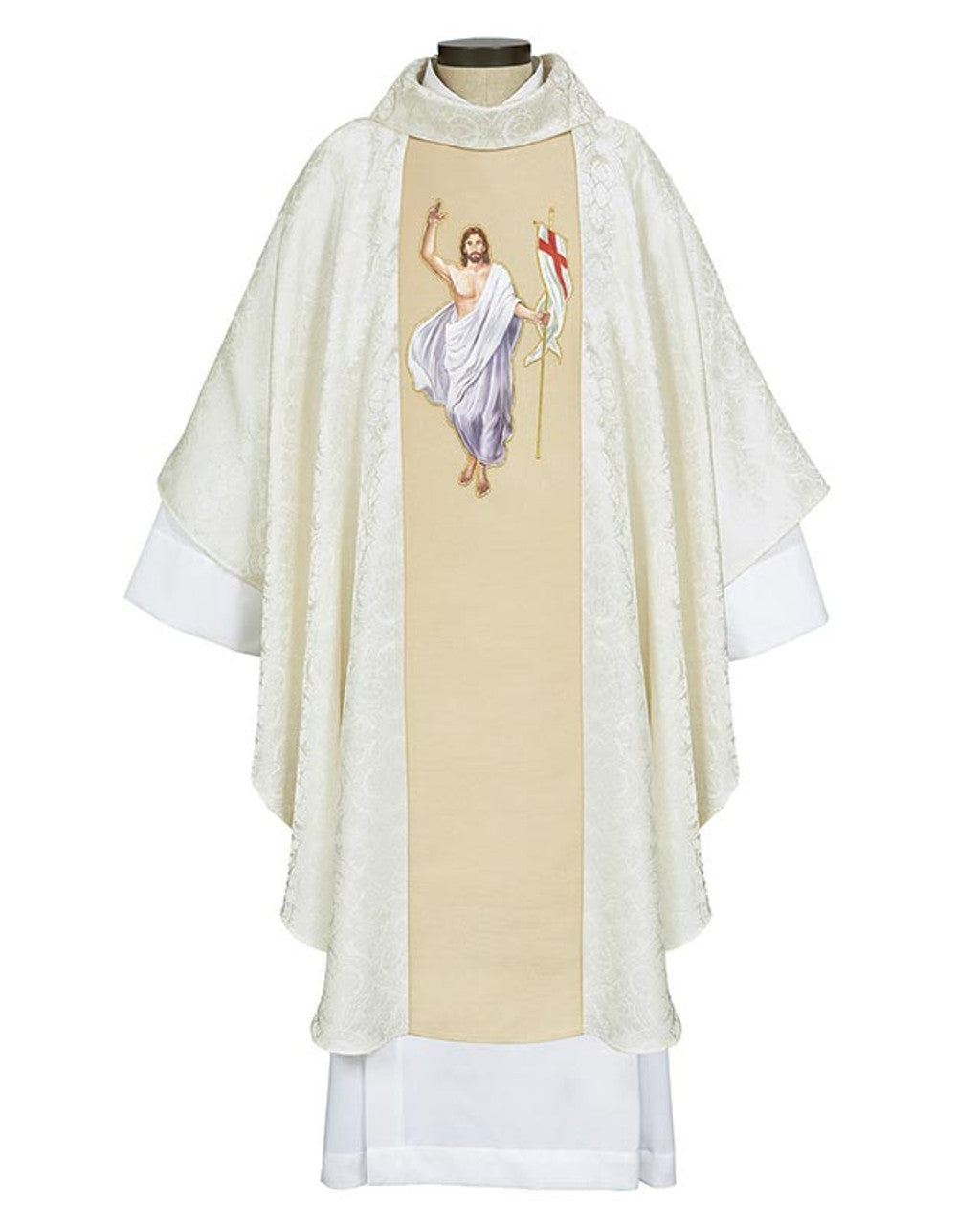 A white chasuble with gold embroidery depicting the Risen Christ, featuring a cowl collar and a woven shantung fabric orphrey.