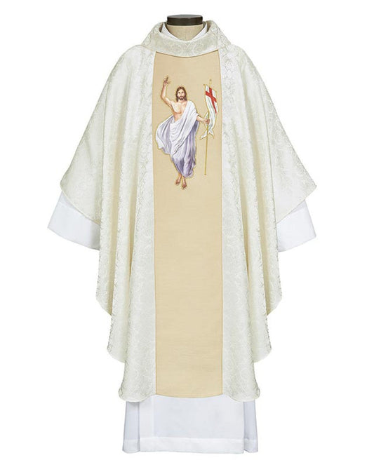 A white chasuble with gold embroidery depicting the Risen Christ, featuring a cowl collar and a woven shantung fabric orphrey.